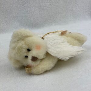 VTG Russ Berrie Angel Bear Ornament Real Feather Wings 6”